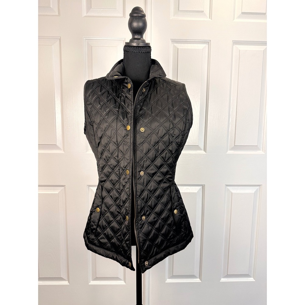 Merona Women Black Quilted Vest Full Zip Snap Front Gold Hardware Size Small